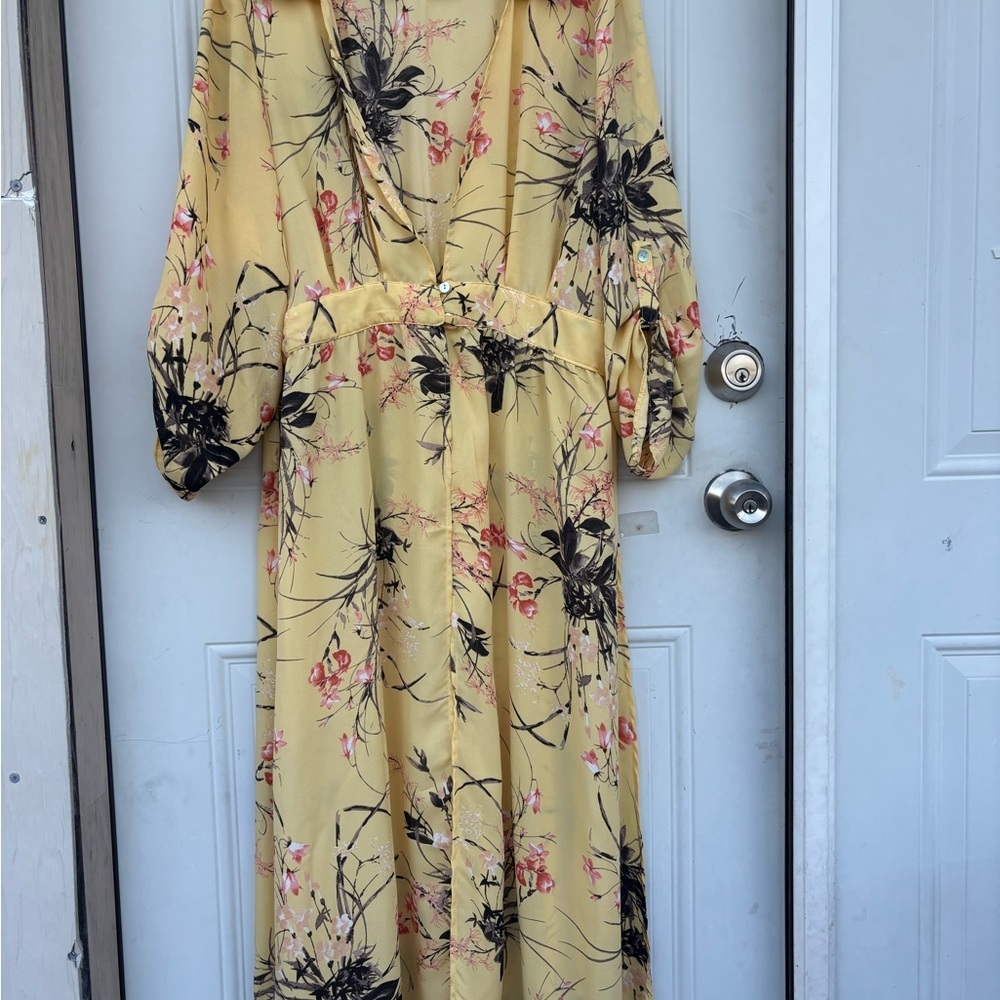 Yellow Floral Maxi Dress with V-Neck Wrap